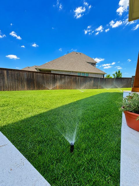 Sprinkler head running on a green residential lawn in Wylie TX